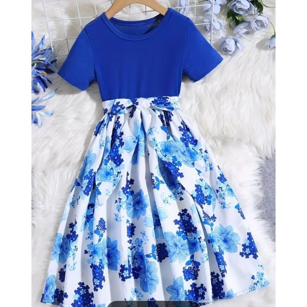 Dress Lovely Blue White Floral Print Crew neck Short Sleeves Bow new